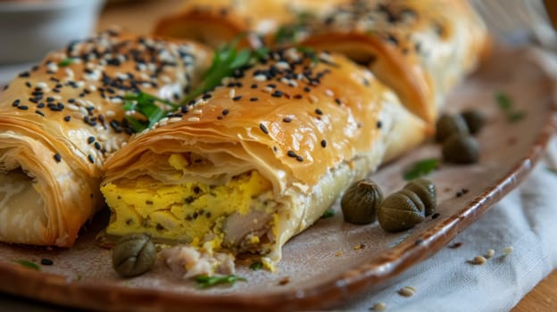 Tunisian brik, a thin, crispy pastry filled with egg, tuna, and capers, served on a light plate. This savory and flavor-packed dish represents the unique culinary traditions of North Africa