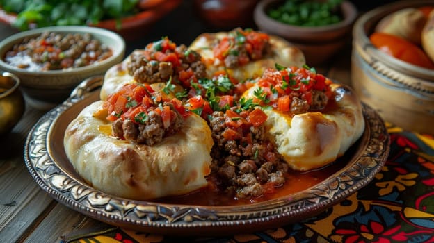 Libyan bazin, a hard dough served with a spicy tomato sauce and meat, presented on a traditional serving tray. This rustic and satisfying dish reflects the unique culinary heritage of North Africa
