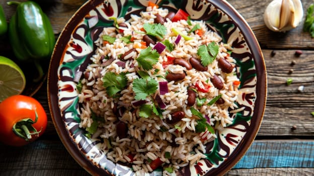 Traditional Costa Rican gallo pinto, a dish of rice and beans seasoned with cilantro and onions, served on vibrant, colorful plate. Flavorful meal represents the culinary heritage of Central America