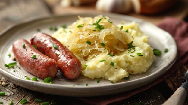 Traditional Dutch stamppot, a dish of mashed potatoes mixed with sauerkraut and smoked sausage, served on a plate. This hearty and comforting meal reflects the rich culinary traditions of Netherlands
