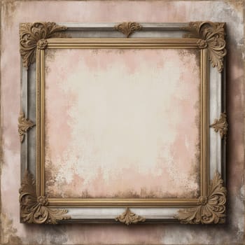 Vintage antique gold frame with wear and imperfections for photos and text . Colored background in Victorian style .