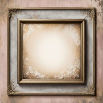 Vintage antique gold frame with wear and imperfections for photos and text . Colored background in Victorian style .