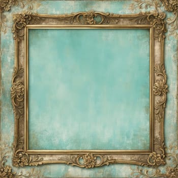 Vintage antique gold frame with wear and imperfections for photos and text . Colored background in Victorian style .