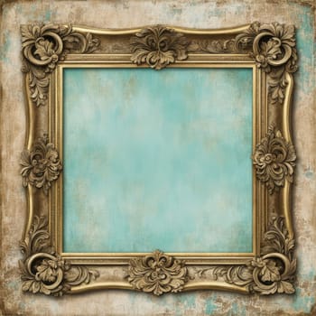 Vintage antique gold frame with wear and imperfections for photos and text . Colored background in Victorian style .