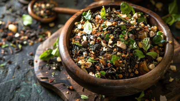 Burmese lahpet thoke or tea leaf salad, made with fermented tea leaves, crunchy nuts, seeds, and other fresh ingredients, served in an authentic wooden bowl