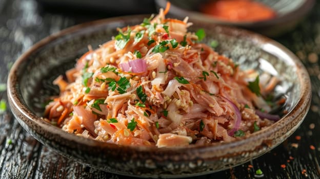 Maldivian mas huni, a traditional dish featuring shredded smoked tuna mixed with fresh coconut and onions, served on a small plate. Simple, yet flavorful meal represents the coastal, island cuisine