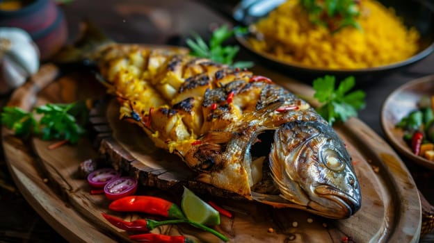 Iraqi masgouf, a traditional grilled carp dish seasoned with tamarind and turmeric, served on a rustic wooden platter. This savory, flavorful fish dish represents the cultural heritage