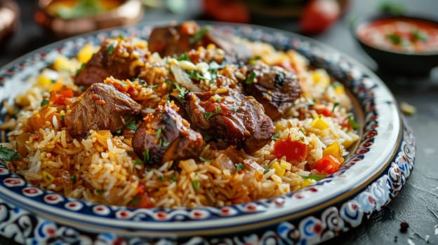 Authentic Kuwaiti machboos, a fragrant and flavorful spiced rice dish with tender chicken or lamb, beautifully presented on a decorative plate - a mouthwatering representation of the traditions