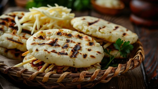 Authentic Venezuelan arepas, freshly made cornmeal cakes stuffed with a variety of savory fillings like cheese, pulled pork, or beans, presented in a woven basket