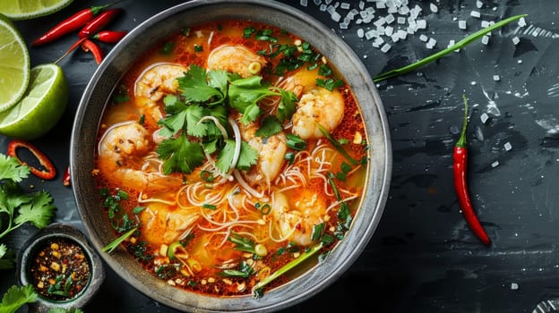 Authentic Myanmar mohinga, a traditional fish broth soup with rice noodles, lemongrass, and an array of fresh herbs and spices. This comforting, savory dish showcases the vibrant flavors of Asian
