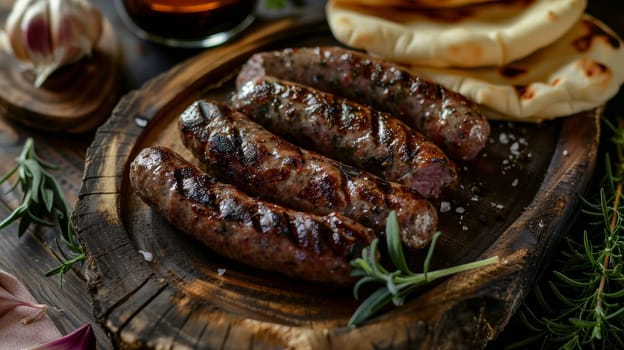 Freshly grilled Serbian cevapi, traditional small meat sausages, served on a rustic wooden tray with flatbread and condiments. This savory and flavorful dish showcases the authentic tastes of Balkan