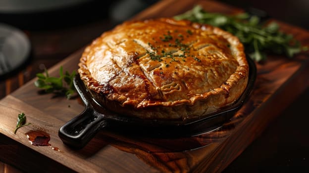 Delicious Australian meat pie with a flaky golden crust, filled with savory minced meat and rich gravy, served on a rustic wooden board. A classic comfort food and traditional snack