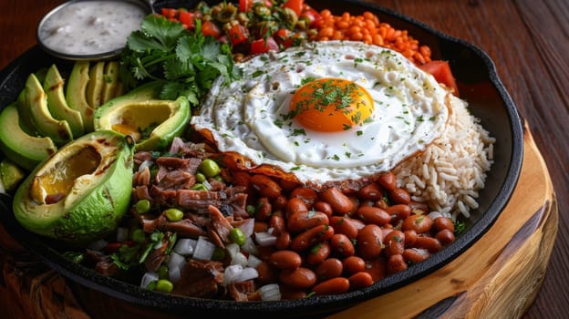 Bandeja paisa, a traditional Colombian platter featuring a hearty and flavorful assortment of beans, rice, pork, avocado, and a fried egg, presented on a large round dish