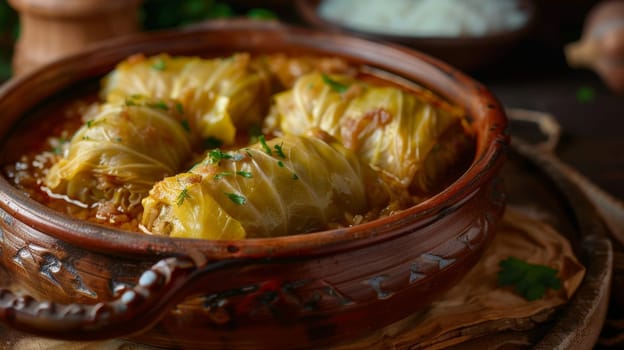 Traditional Romanian sarmale, or cabbage rolls stuffed with minced meat and rice, served in a rustic clay dish. This savory ethnic dish showcases the rich culinary heritage Romanian cuisine
