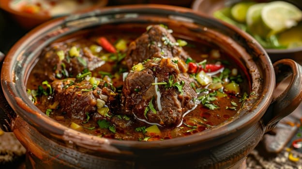 Authentic Pakistani nihari, a slow-cooked spicy beef stew simmered to perfection in a traditional clay pot. This fragrant and flavorful ethnic dish showcases the rich culinary heritage cuisine