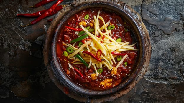 Bhutanese ema datshi, a traditional spicy chili and cheese curry, served in a rustic bowl. This unique and flavorful ethnic dish showcases the bold and comforting flavors of Bhutanese cuisine