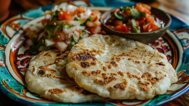 Authentic Salvadoran pupusas, savory stuffed corn cakes, served on a colorful plate with a side of curtido and tomato salsa. This ethnic dish showcases the vibrant flavors of Salvadoran cuisine
