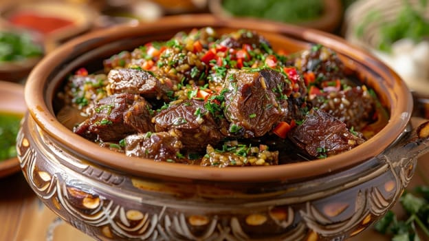 Omani shuwa, a traditional dish of marinated meat slow-cooked to perfection in an underground sand oven, presented in a large serving dish. This ethnic specialty showcases the unique cooking method