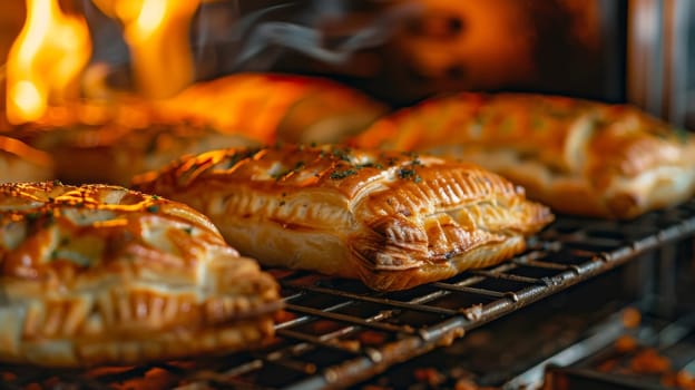 Freshly baked Moldovan placinte, traditional filled pastries with either savory cheese or sweet fruit fillings, cooling on a wire rack. This ethnic delicacy showcases the unique flavors