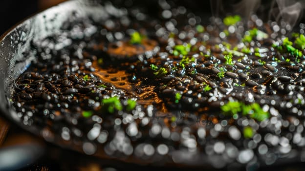 Croatian crni rizot, a traditional black risotto made with squid ink, served in a skillet. This distinctive ethnic dish showcases the unique flavors and cooking traditions of Croatian cuisine