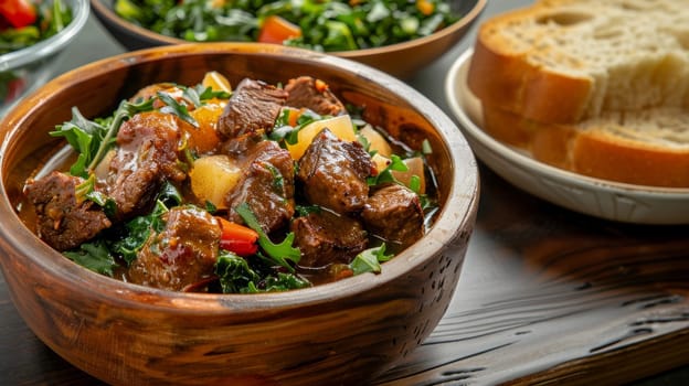 Zimbabwean sadza, a traditional cornmeal porridge, served in a wooden bowl with a side of greens and meat stew. This ethnic comfort food showcases the staple ingredients and homestyle cooking
