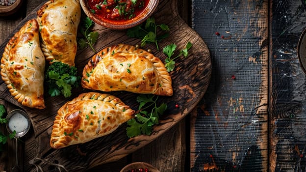 Freshly baked Chilean empanadas, savory pastries filled with a delectable mixture, served alongside a vibrant pebre sauce on a rustic wooden board. This traditional pairing showcases Chilean cuisine