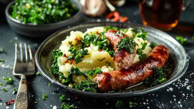 Dutch stamppot, a comforting dish of mashed potatoes mixed with kale, served with a flavorful smoked sausage. This traditional recipe showcases the heartwarming, wholesome flavors of Dutch cuisine