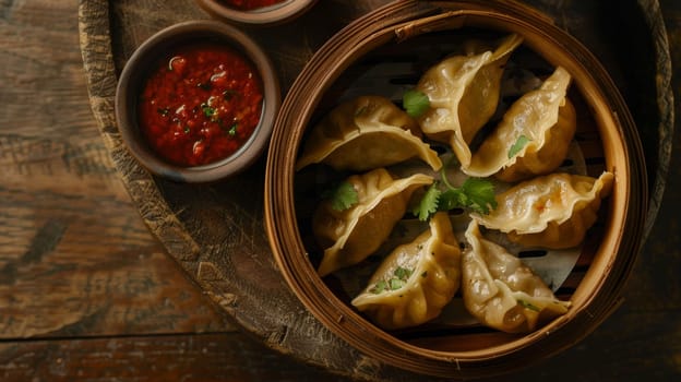 Nepalese momo dumplings, freshly steamed and served with a vibrant tomato-based dipping sauce. These savory Tibetan-inspired treats offer a delectable taste of Nepali culinary heritage