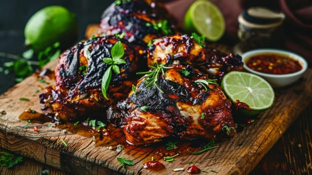 Jamaican jerk chicken, its flavors enhanced by a fiery seasoning blend, is grilled to perfection and served on a rustic wooden plank. Charred limes and a zesty sauce complete this vibrant taste