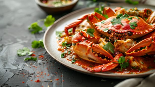 Singaporean chili crab, a beloved regional delicacy, served piping hot on a plate with a vibrant tomato-chili dipping sauce and fresh herbs. The bold tastes of Singaporean cuisine