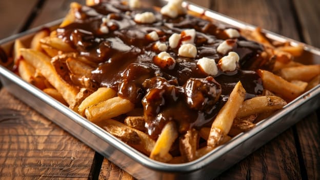 Authentic Canadian poutine with golden fries, squeaky cheese curds, and rich brown gravy served in a tray, capturing the comforting and indulgent essence of this beloved French-Canadian culinary