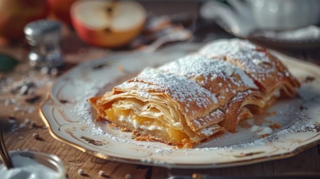 Authentic Austrian apfelstrudel, a flaky pastry filled with sweet apples, dusted with powdered sugar, and served with a side of rich vanilla sauce, captured on an antique plate