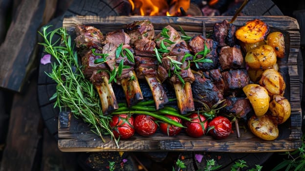 A traditional Maori hangi dish from New Zealand, featuring meats and vegetables slow-cooked in an underground earth oven, displayed on a rustic platter for an authentic and cultural culinary