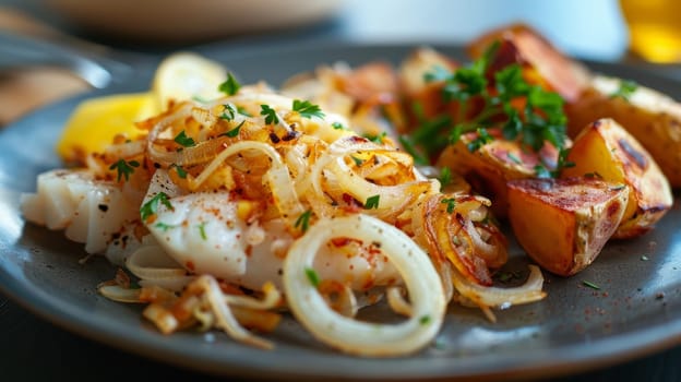 A traditional Portuguese dish of bacalhau a bras, featuring shredded salt cod, sauteed onions, and crispy fried potatoes, presented on a plate for an authentic and mouthwatering culinary display