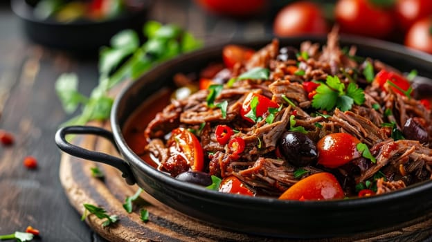 Authentic Cuban ropa vieja, a traditional shredded beef dish simmered with tomatoes, olives, and fragrant spices. Comforting Latin American staple is a delicious representation of Cuban culinary