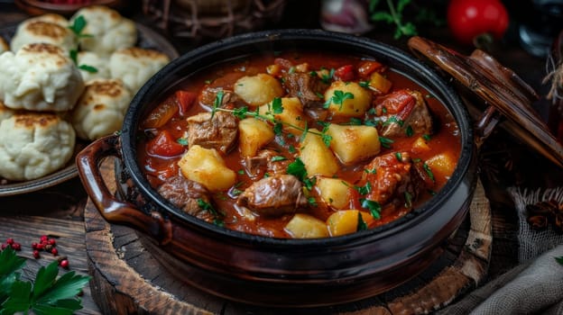 Hungarian goulash, a hearty beef stew simmered in a rich paprika-infused broth, served with fluffy dumplings in a rustic, authentic presentation. Dish represents the traditional of Hungarian cuisine