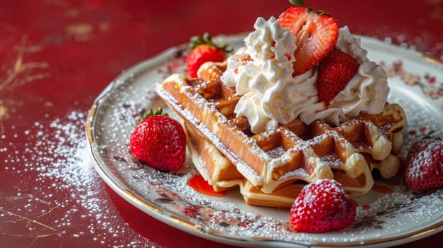 Delicate Belgian waffles served on a fine china plate, adorned with fresh strawberries and a generous dollop of whipped cream - a decadent and gourmet breakfast or dessert presentation