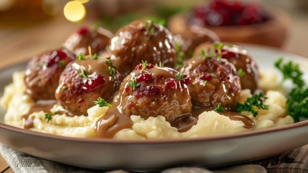 Authentic Swedish meatballs served on a plate with a creamy gravy, accompanied by tangy lingonberry jam and fluffy mashed potatoes - a comforting, traditional dish of Swedish cuisine