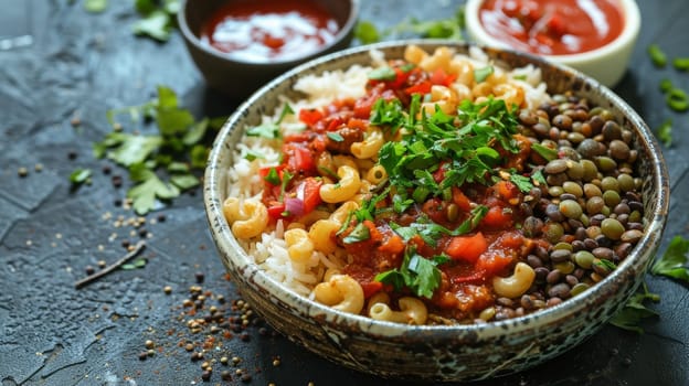 Authentic Egyptian koshari, a hearty, layered dish made with rice, macaroni, lentils, and topped with a spicy tomato sauce - a comforting, vegetarian and vegan friendly staple of Egyptian cuisine