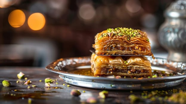 Towering Turkish baklava, with its delicate phyllo dough layers, drizzled in sweet honey and sprinkled with crunchy crushed pistachios - a decadent and authentic Middle Eastern dessert
