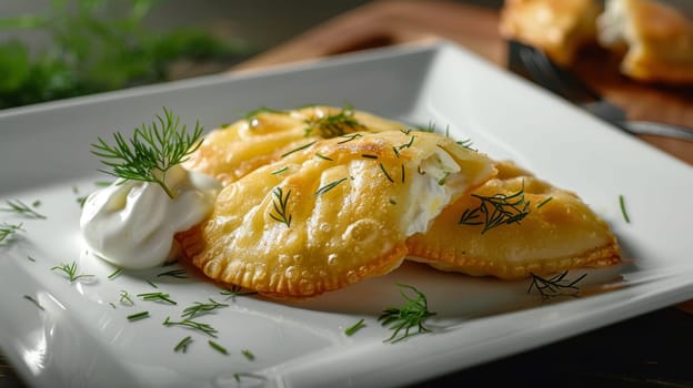 Authentic Polish pierogi, traditional dumplings served on a white plate with a dollop of sour cream and fresh dill - a comforting and delicious representation of Eastern European comfort food