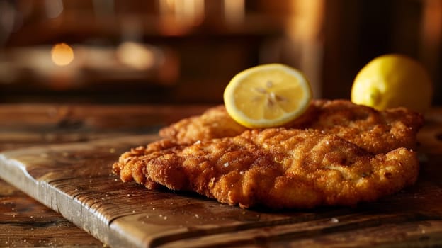 Classic German schnitzel, a tenderized pork cutlet that's breaded and fried to golden perfection, served on a rustic wooden cutting board with a fresh lemon wedge - a hearty traditional European dish