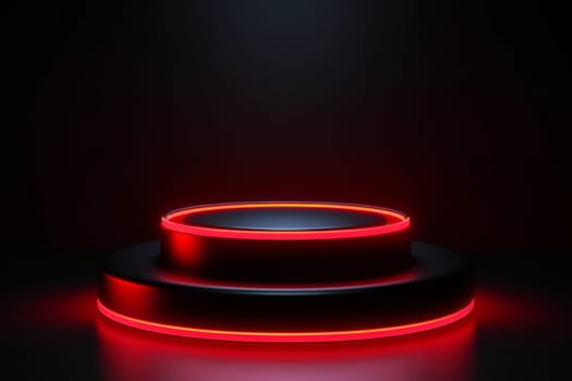 Futuristic Sci Fi Empty Red Stage neon 3d. Podium or pedestal with red neon lights. Two cylinders, stairs. Isolated on dark background. Reflections and lights. Generated AI.