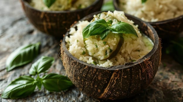 Authentic Thai green curry, served in a hollowed-out coconut shell alongside fluffy jasmine rice and fresh basil leaves - a fragrant, spicy, and creamy representation of traditional Thai culinary