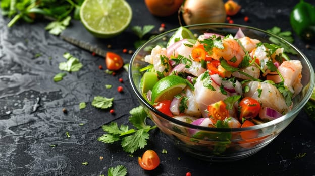 Authentic Peruvian ceviche, featuring fresh fish marinated in a zesty lime and onion mixture, garnished with fragrant cilantro - a light, refreshing, and flavor-packed of Latin American cuisine