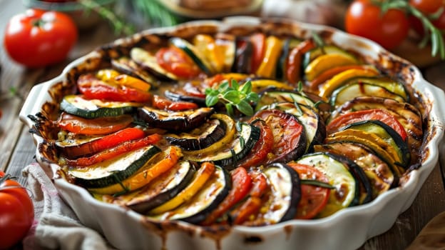 Delicious homemade French ratatouille in a rustic baking dish, showcasing the vibrant colors and textures of fresh zucchini slices. A Mediterranean vegetable dish that's healthy and full of flavor