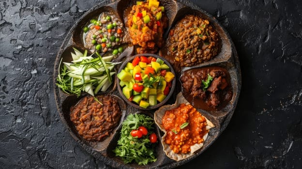 A traditional Ethiopian injera platter featuring a variety of spicy stews and vibrant vegetable side dishes. This authentic, homemade spread showcases the rich and flavorful cuisine of Ethiopia
