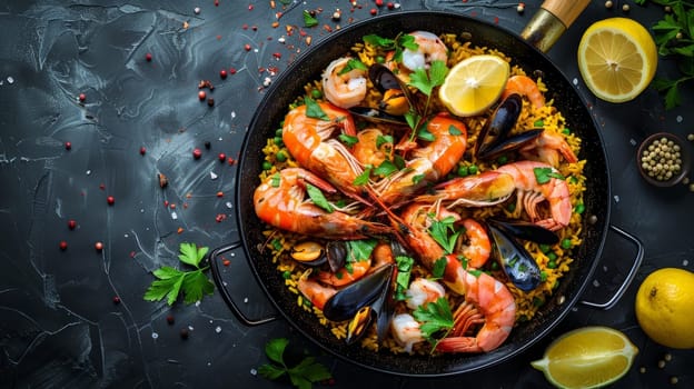 Authentic Spanish paella with a delectable combination of seafood, chicken, and saffron-infused rice, cooked to perfection in a traditional paella pan, showcasing Mediterranean cuisine