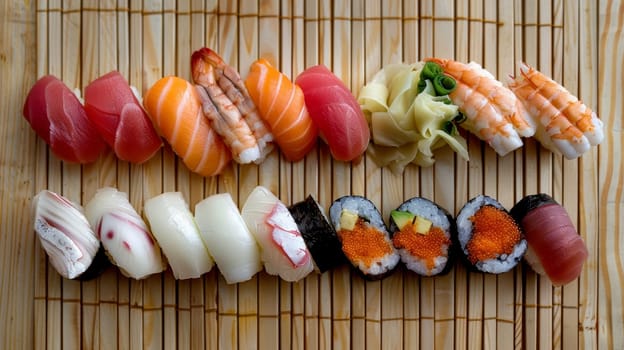 A beautifully arranged Japanese sushi platter featuring an assortment of fresh nigiri and sashimi, elegantly presented on a bamboo mat and showcasing authentic flavors of traditional Japanese cuisine