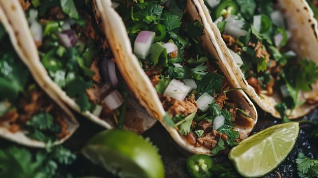 A vibrant display of authentic Mexican tacos, featuring a variety of fillings wrapped in soft corn tortillas and topped with fresh cilantro, onions, and tangy lime slices